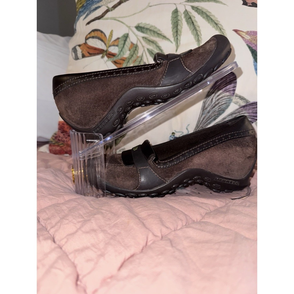 Merrell Pumps Womens 5.5 Dark Brown Suede Plaza Moc Slip On Comfort Heel Shoes